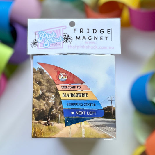 A fridge magnet of the vintage blairgowrie town sign in packaging