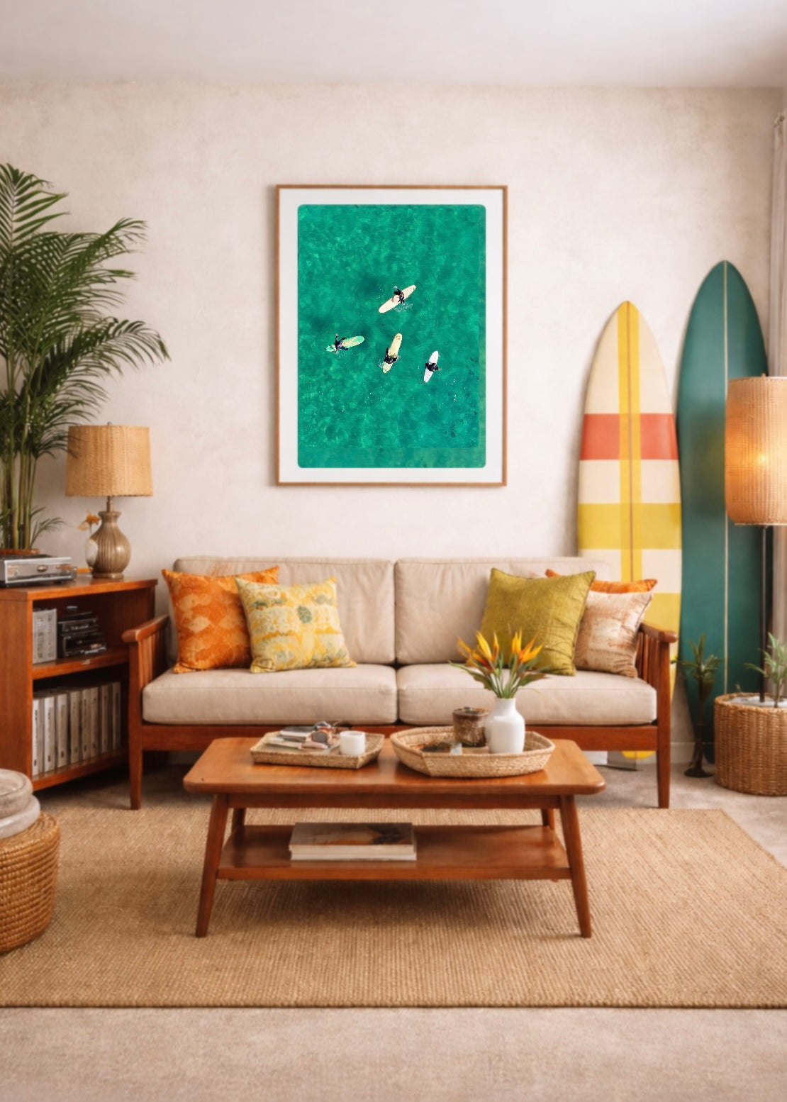 Beach styled living room with a couch, coffee table, and surfboard decor with a framed print of a bunch of surfers in the water together