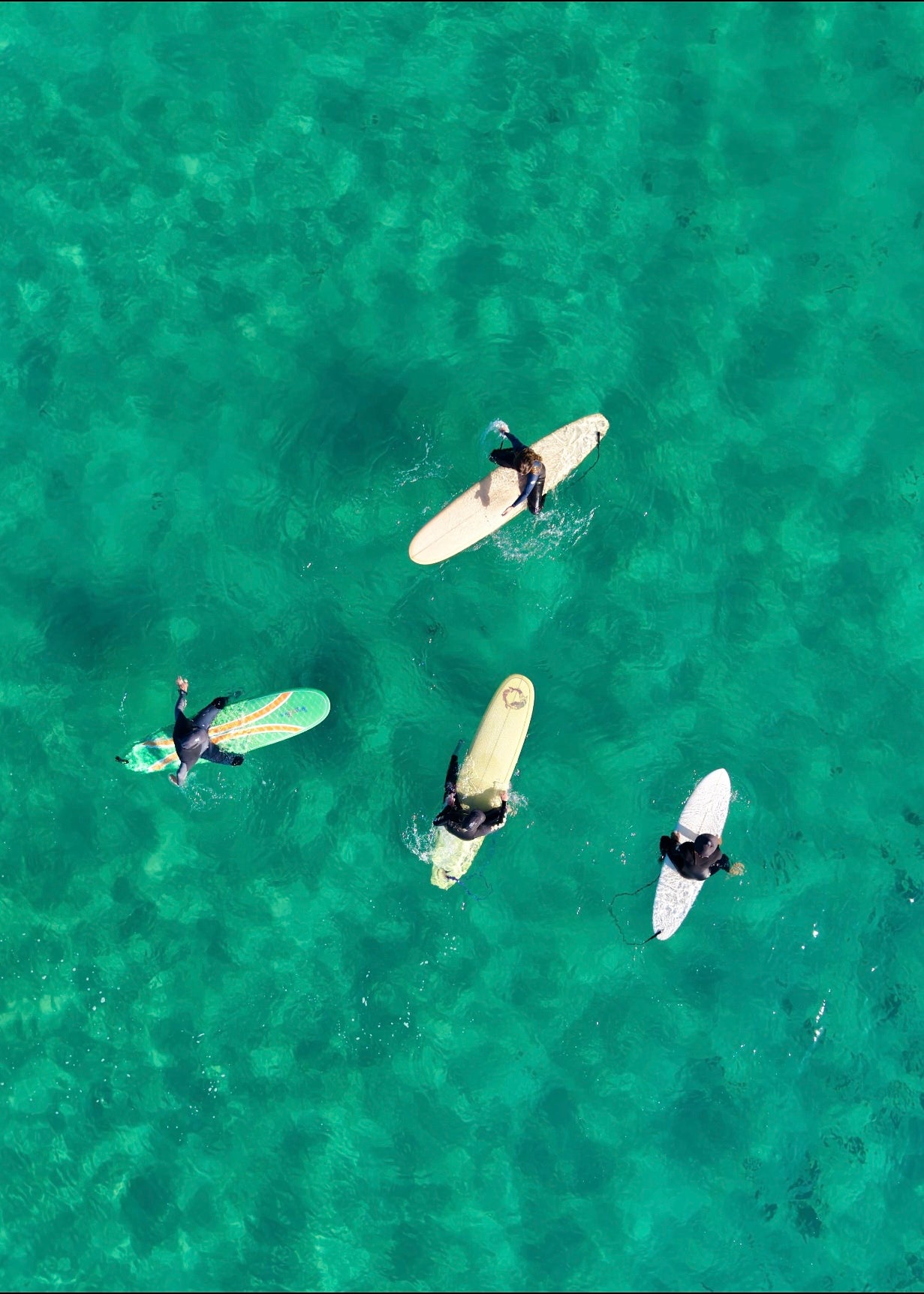 Four surfers sitting on their boards in clear green water
