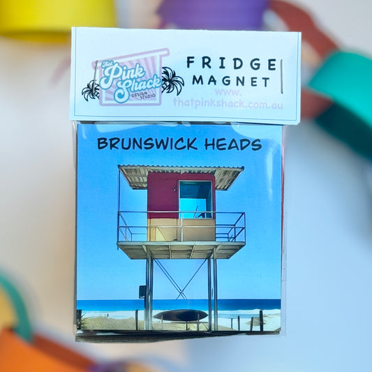 Fridge magnet of Brunswick_heads_lifeguard_tower_overlooking the beach  In packaging