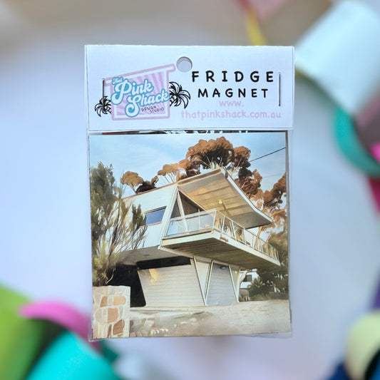 The mid century modern butterfly house in dromana fridge magnet in packaging