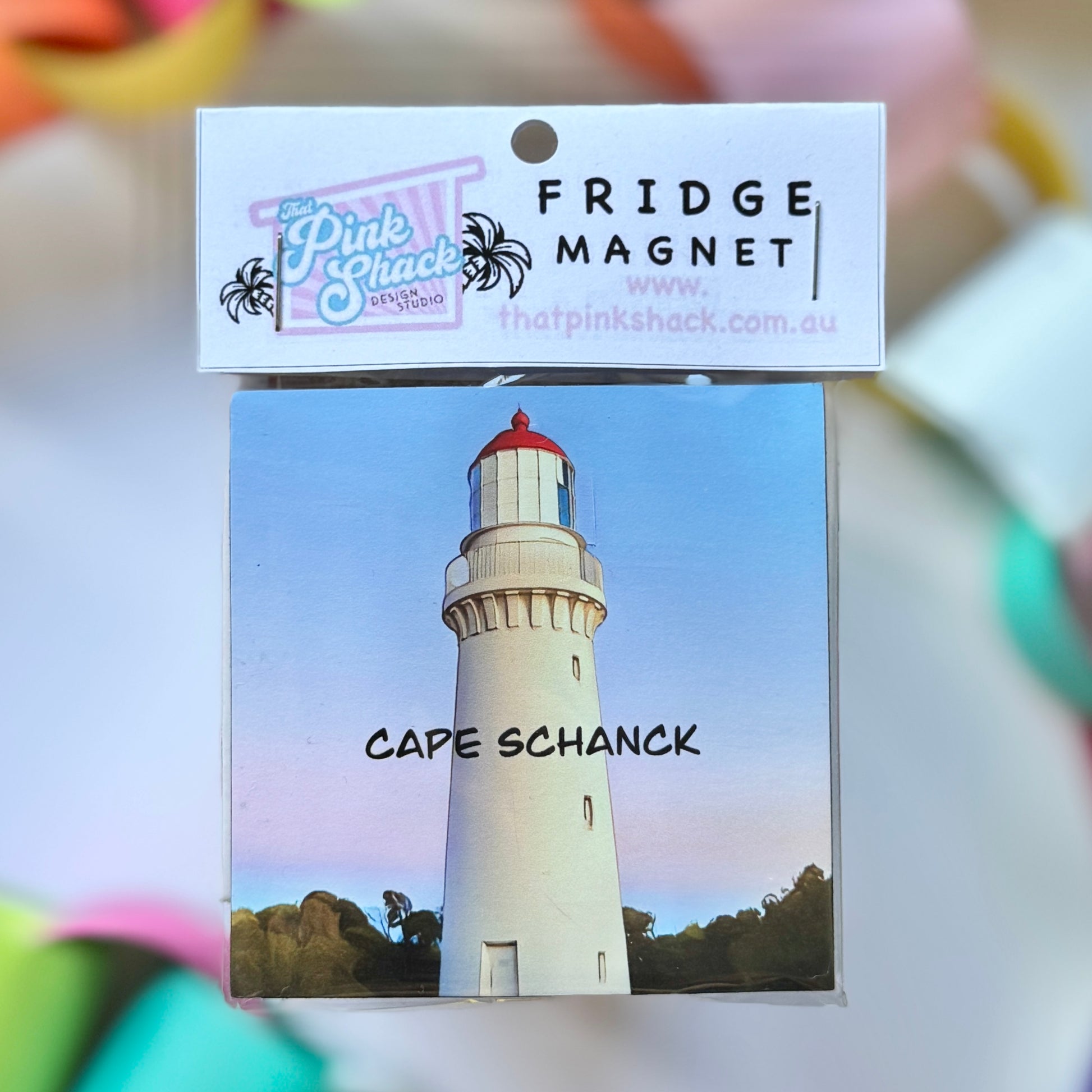 A fridge magnet featuring Cape schanck lighthouse on the Mornington peninsula in packaging