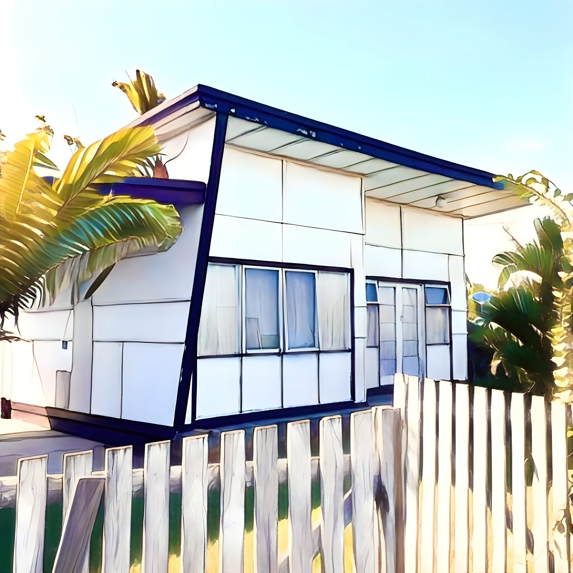 Retro white fibro beach shack with a skillion roof and a timber slat fence print 