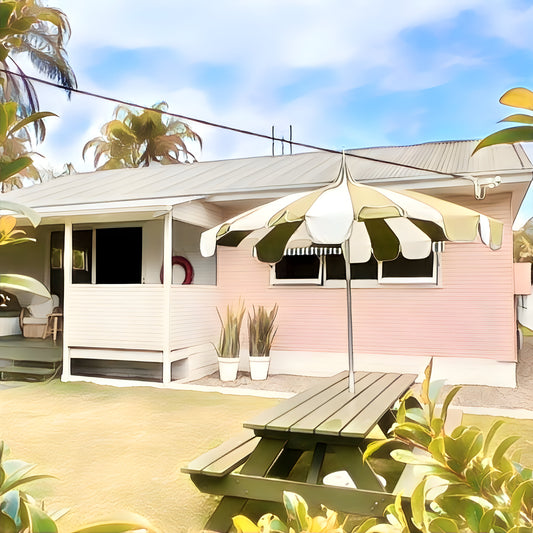 A dreamy pastel pink beach shack
