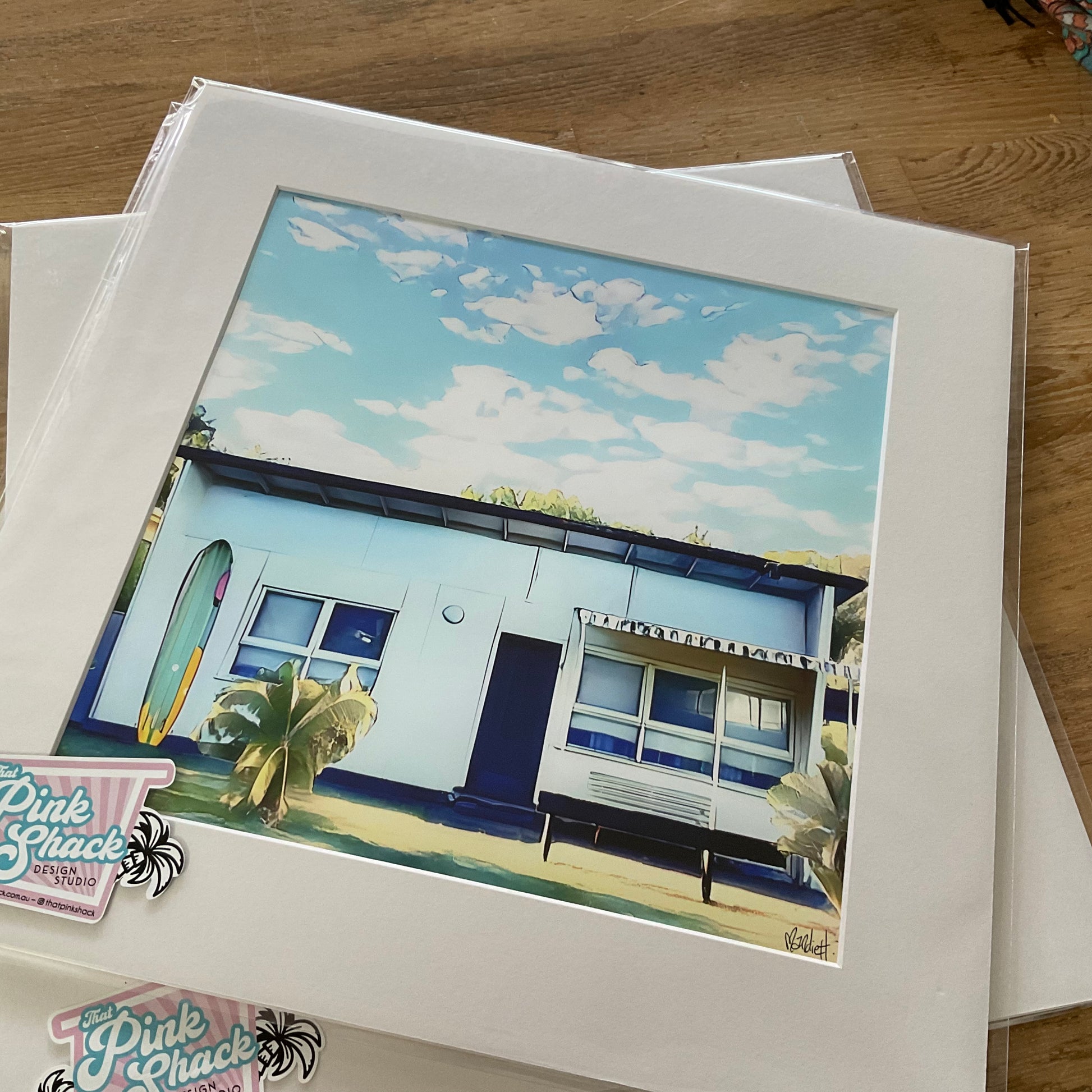 Fibro retro surf beach  shack with surfboard print picture In mat