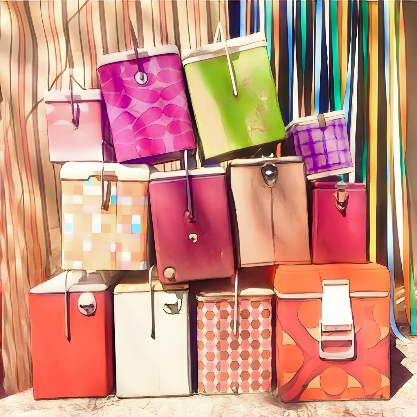 A bunch of 12 colourful eskies stacked on top of each other sitting outside a retro caravan annexe