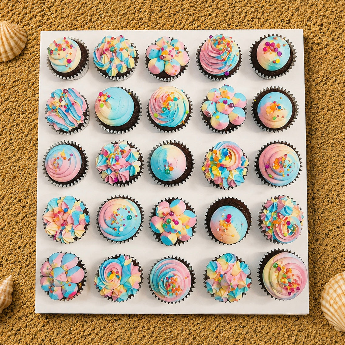 A square greeting card of 25 decorated cupcakes , photographed from above on a textured tan surface with small seashells at the corners.