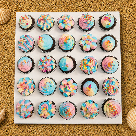 A square greeting card of 25 decorated cupcakes , photographed from above on a textured tan surface with small seashells at the corners.