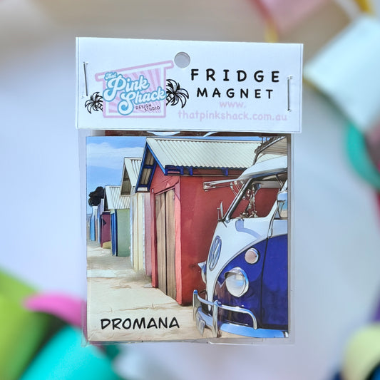 A fridge magnet
with a Volkswagen kombi van parked next to boat shed beach box on the Mornington peninsula in packaging
