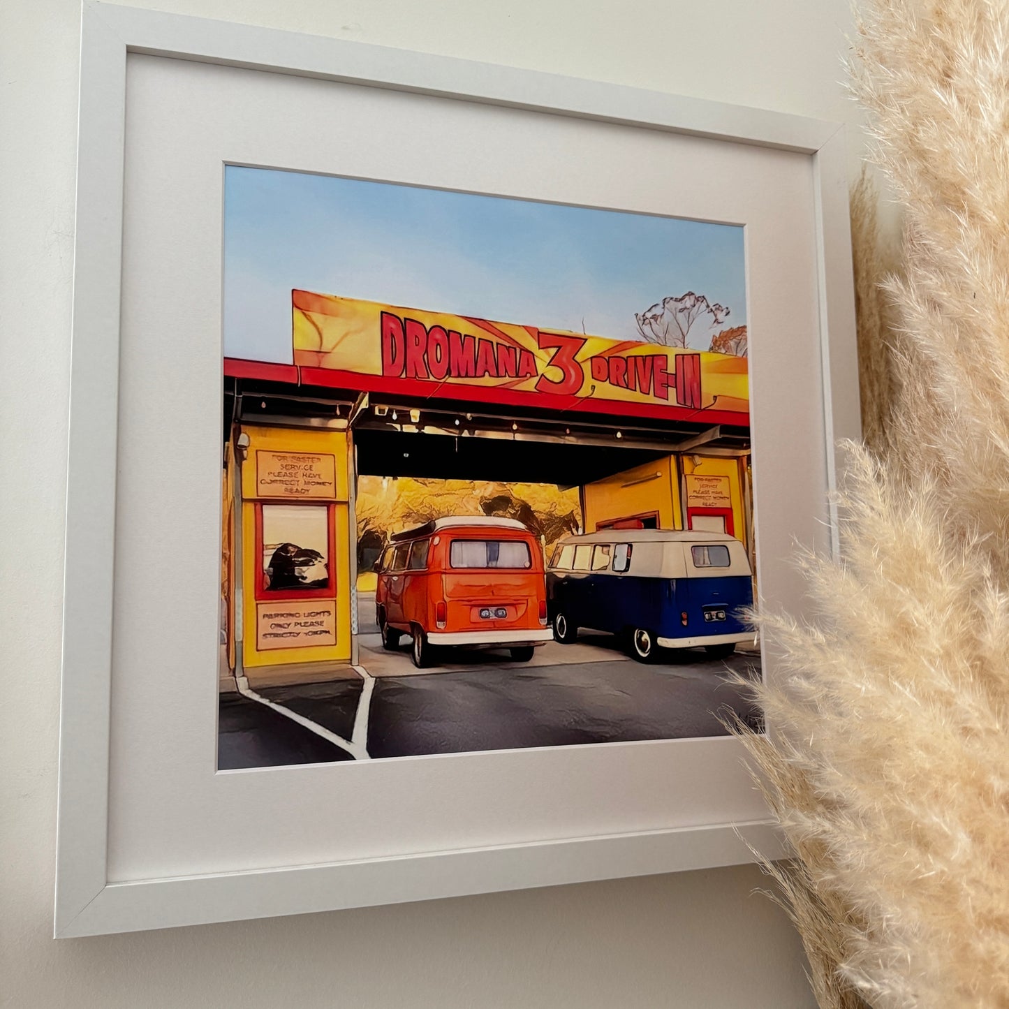 40cm x 40cm print of dromana drive in with kombis vw bus Volkswagen  in mat and white frame print picture