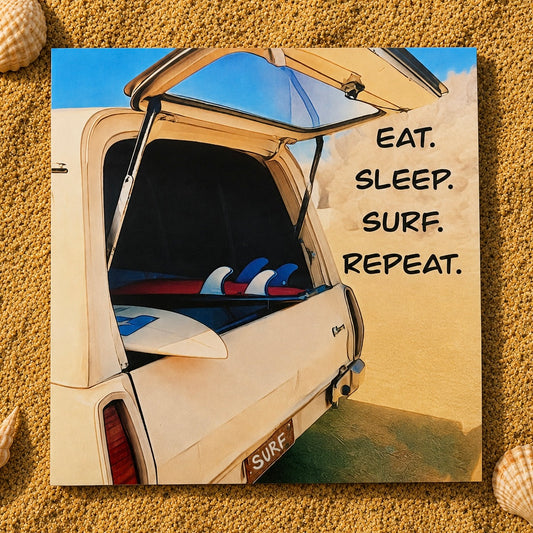 A square greeting card featuring a stylized beach scene with the open trunk of a cream panel van , surfboards inside, and the text 'EAT. SLEEP.surf repeat 