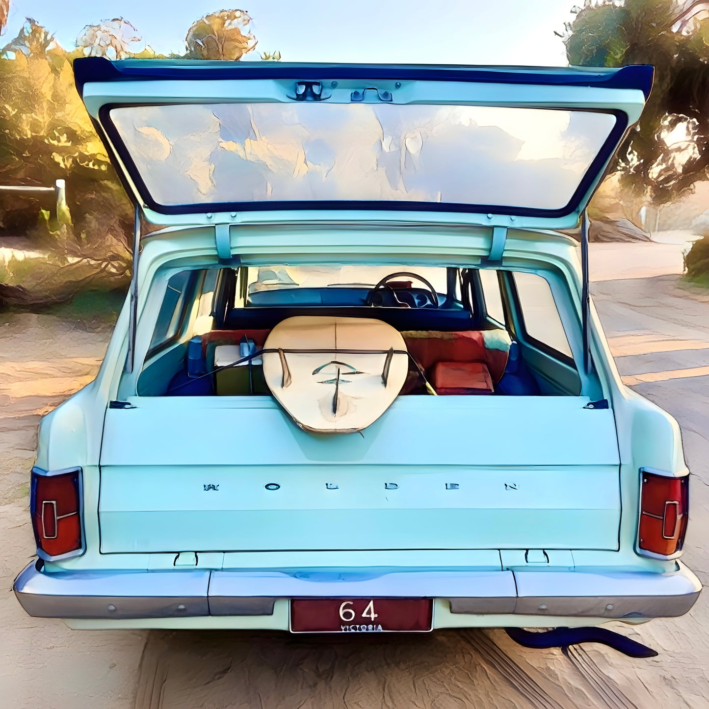 A classic eh Holden with a surfboard fridge magnet 