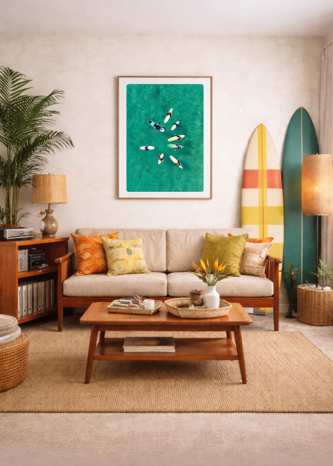Beach styled living room with a couch, coffee table, and surfboard decor with a framed print of a load of surfers in the water together