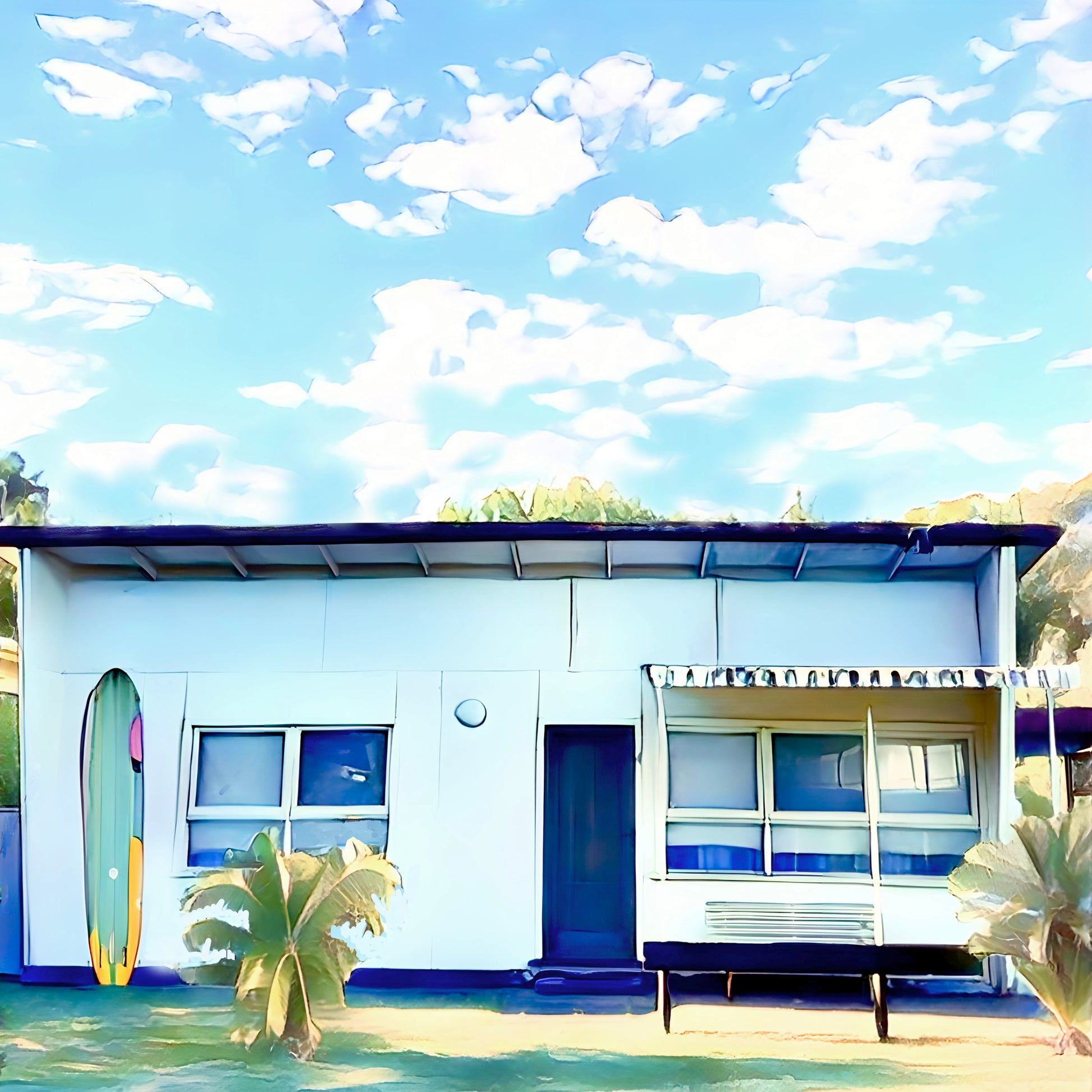 Fibro retro surf beach  shack with surfboard print picture