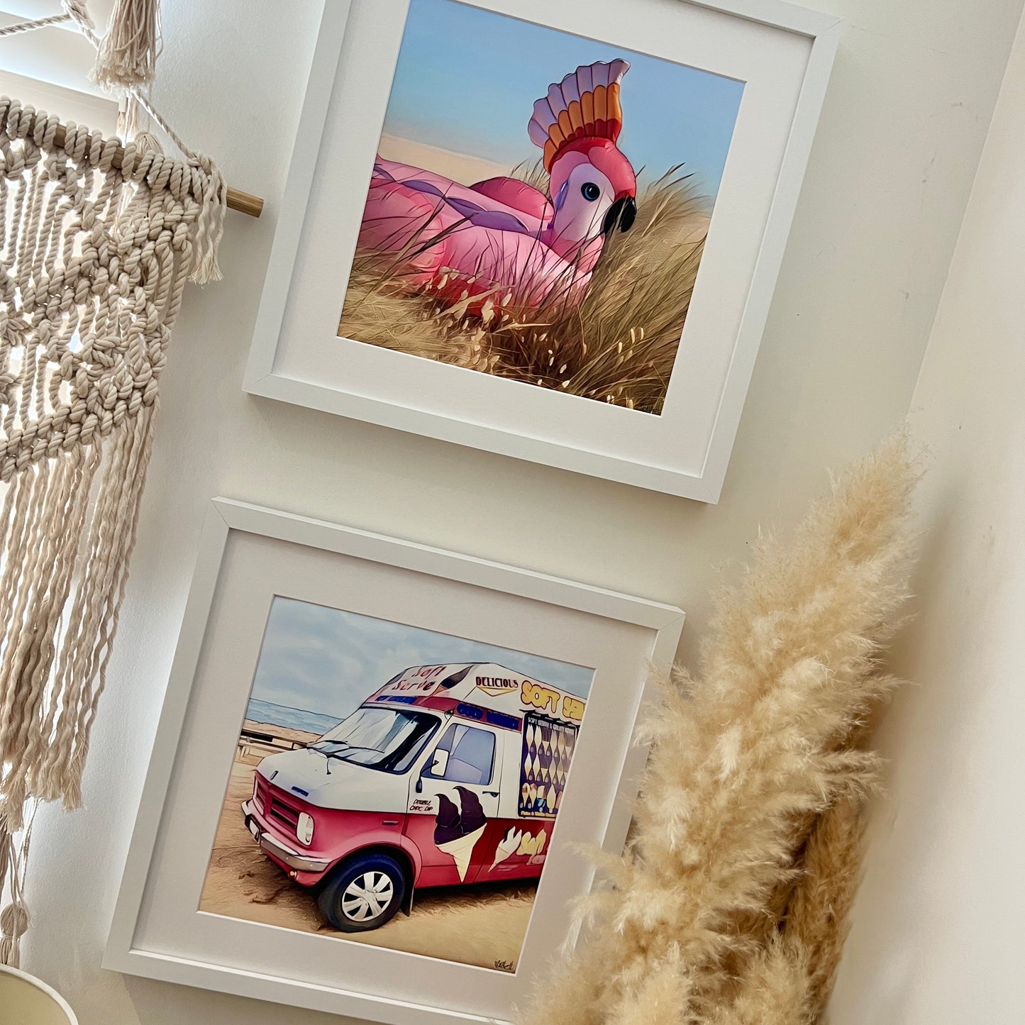 Framed_Retro_vintage_mr_whippy_ice_cream_van_and frame galah_inflatable pool float
