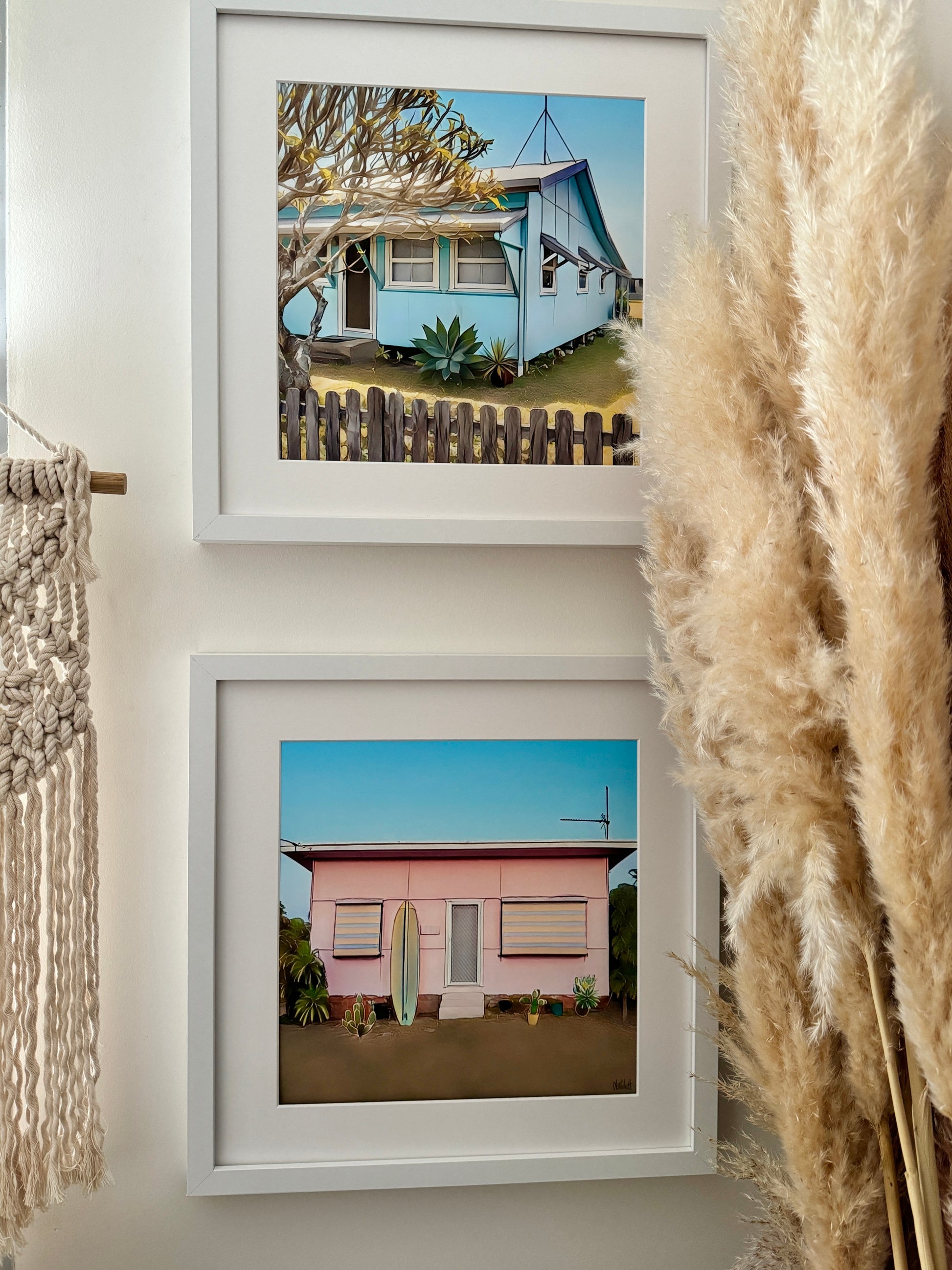 40cm x 40cm prints of the Lennox surf shack and pink surf shack in mat with white frame