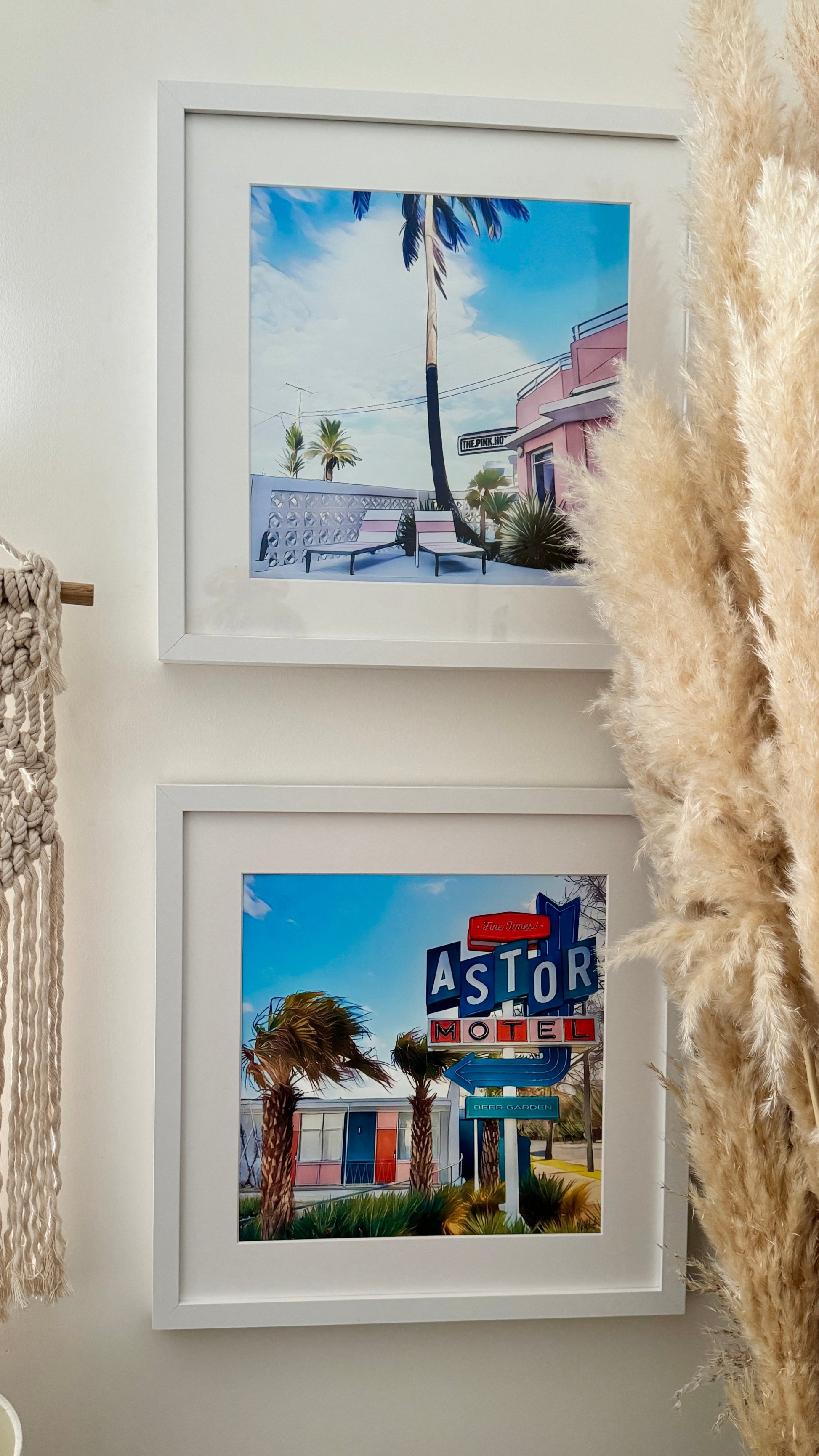 40cm x 40cm prints of the pink hotel and Astor motel in mat with white frame