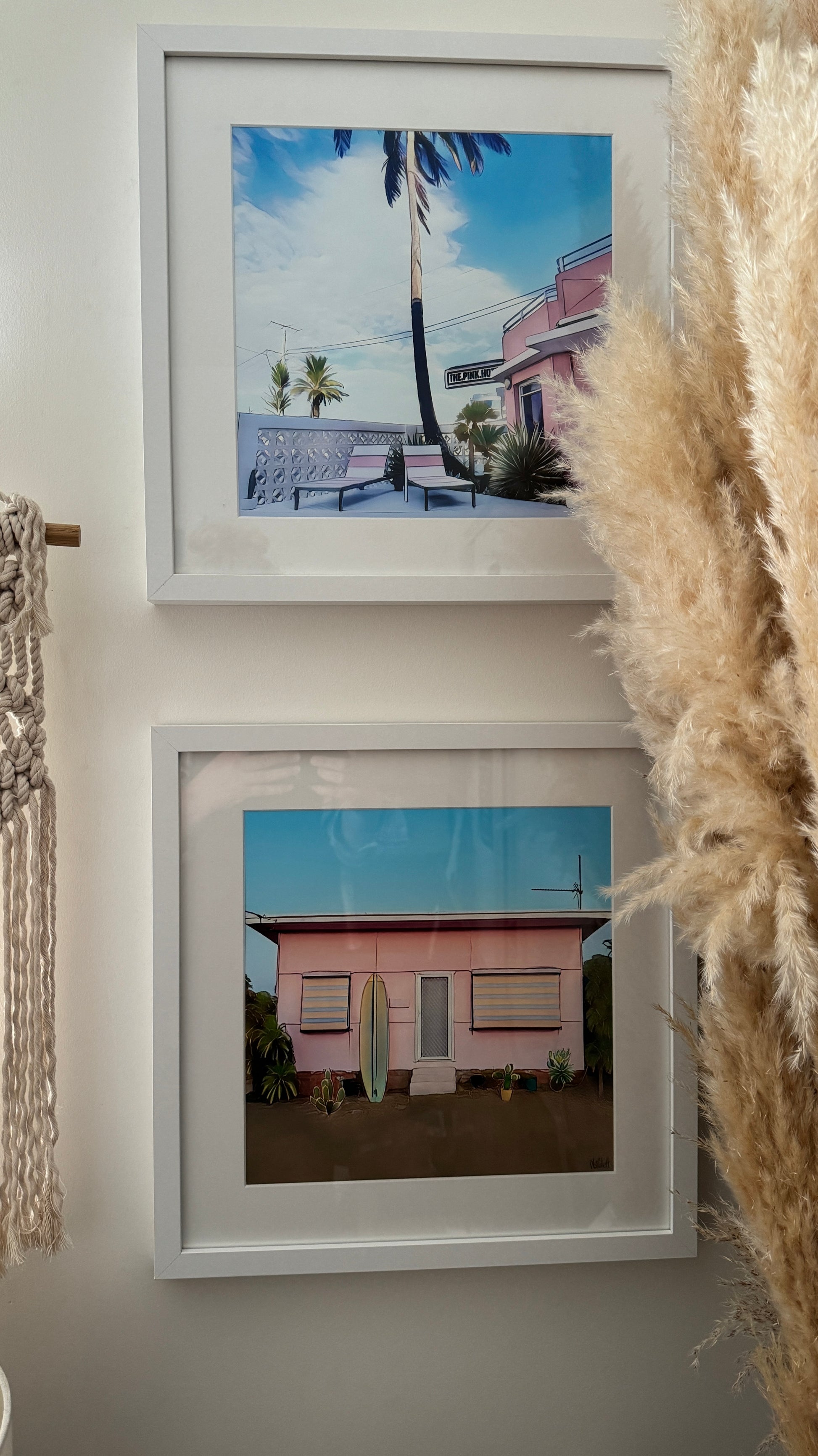 40cm x 40cm prints of the pink hotel and pink surf shack in mat with white frameS