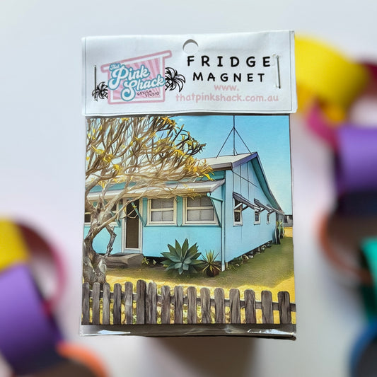 An iconic blue mid century fibro beach shack fridge magnet in packaging