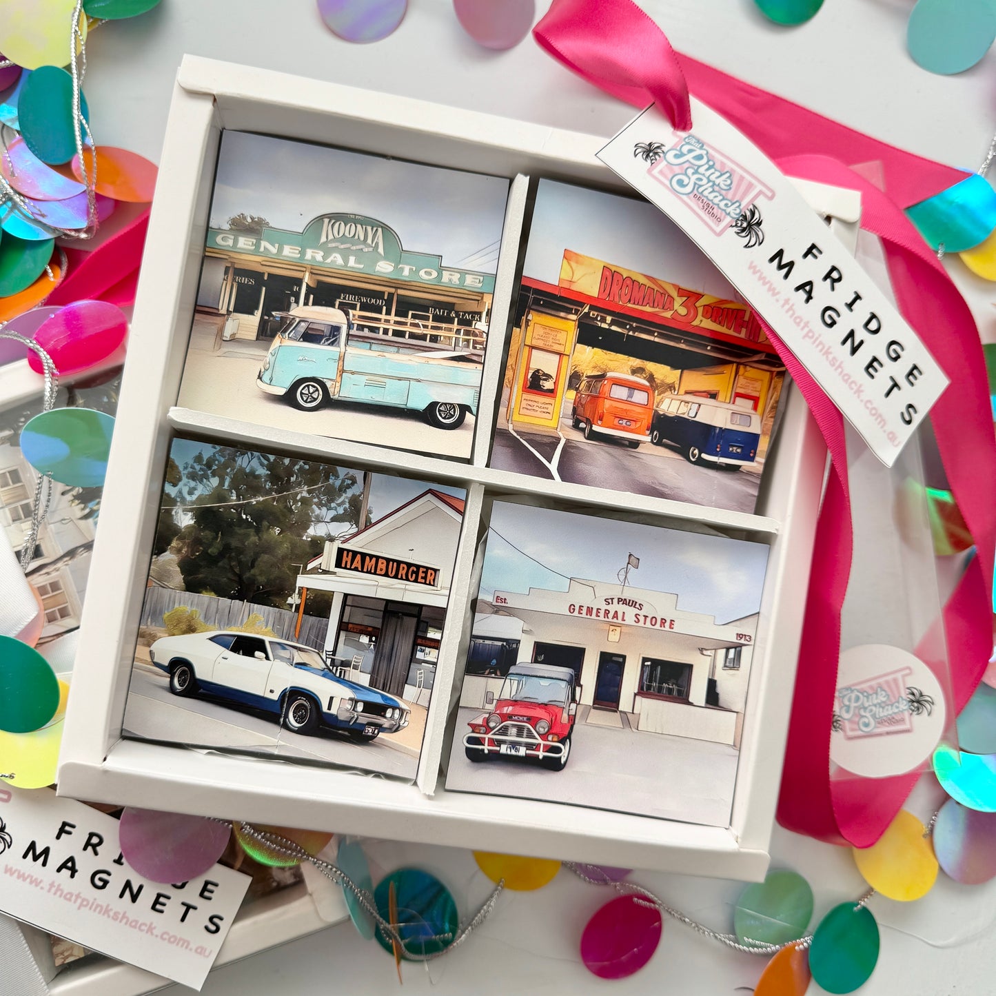 Four of the Mornington Peninsulas Iconic and loved spots all paired with a classic car Hamburger Shop Rosebud, Dromana Drive In, Koonya General Store, St Paul’s General Store n a gift box