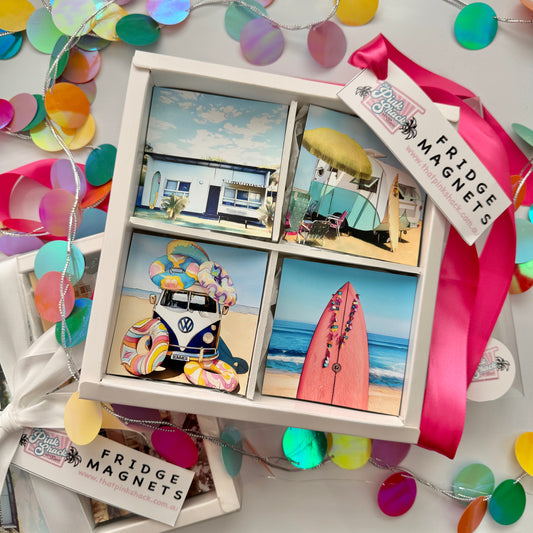 Brighten up the surfer girl in your lifes fridge with this fun colourful magnet set.
Surf Shack, Vintage caravan, Kombi on the beach, Pink surfboard