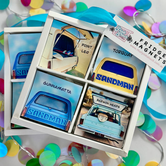 A fun set of classic car related fridge magnets from some fave Victorian surf spots Point Leo, Torquay, Gunnamatta, Barwon Heads in a gift box