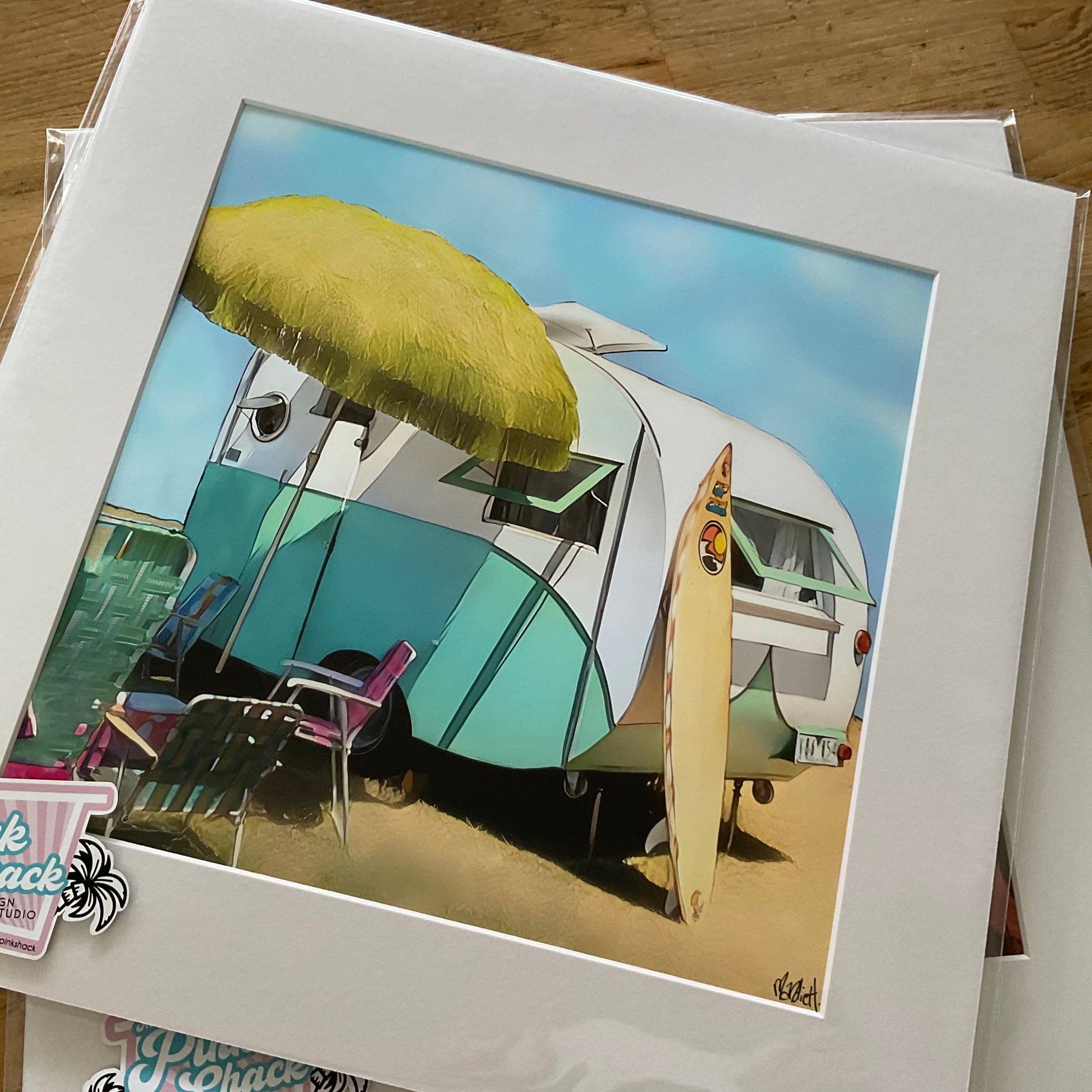 Green_Vintage_retro_bond_wood_caravan_trailer_1950_s Umbrella surfboard print in picture in mat