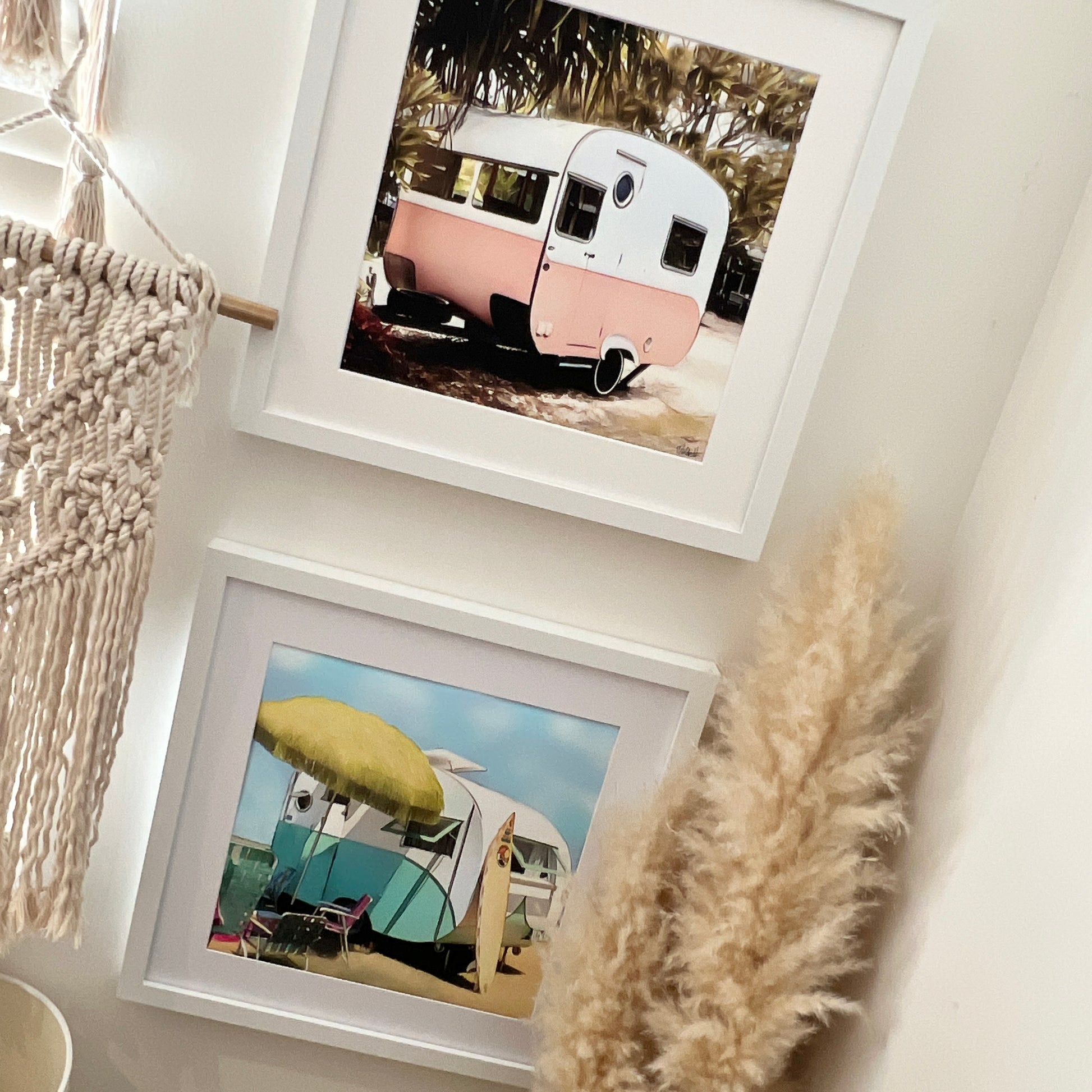 Green pink_Vintage_retro_bond_wood_caravan_trailer_1950_s Umbrella surfboard print in picture in mat framed 