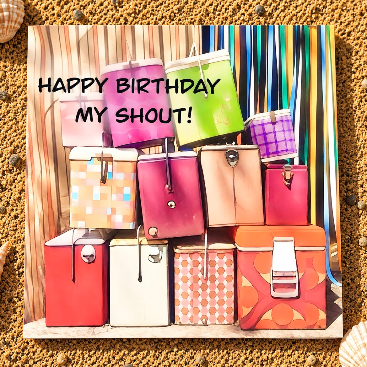 A square greeting card featuring a colorful illustration of stacked vintage-style metal storage cases with the text 'HAPPY BIRTHDAY MY SHOUT!' in black lettering. The canvas is displayed flat on a textured sandy background.
