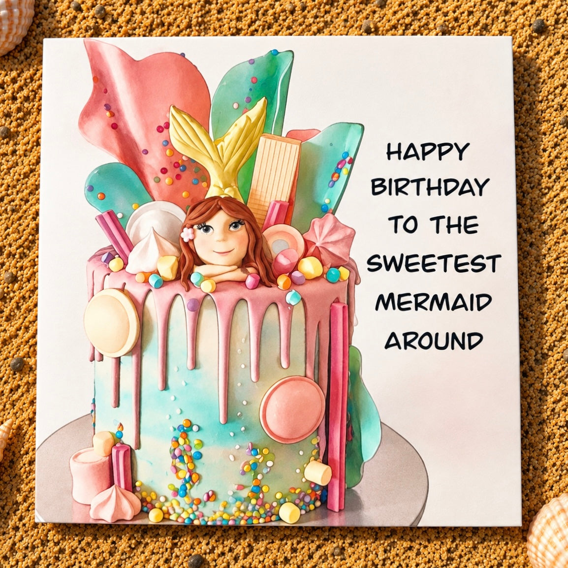 A square printed greeting  card featuring a colorful mermaid-themed birthday cake with pink dripping frosting, pastel decorations, and the text 'HAPPY BIRTHDAY TO THE SWEETEST MERMAID AROUND.' The item is photographed on a textured tan surface.