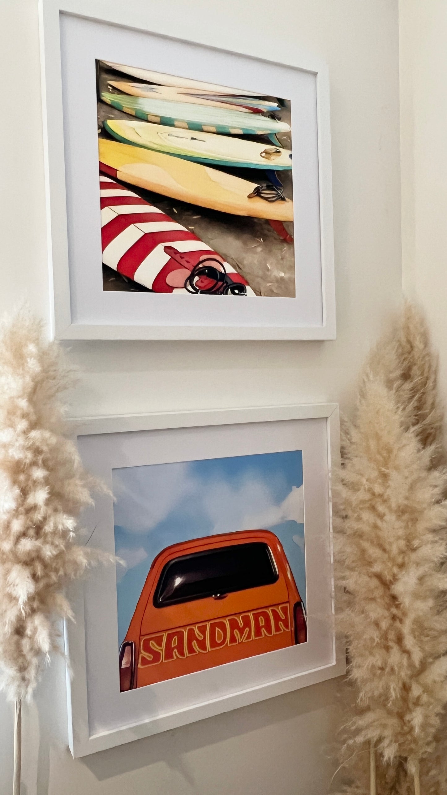 A classic orange 1970’s Holden Sandman Panelvan and vintage surfboards birthday print great for the shed