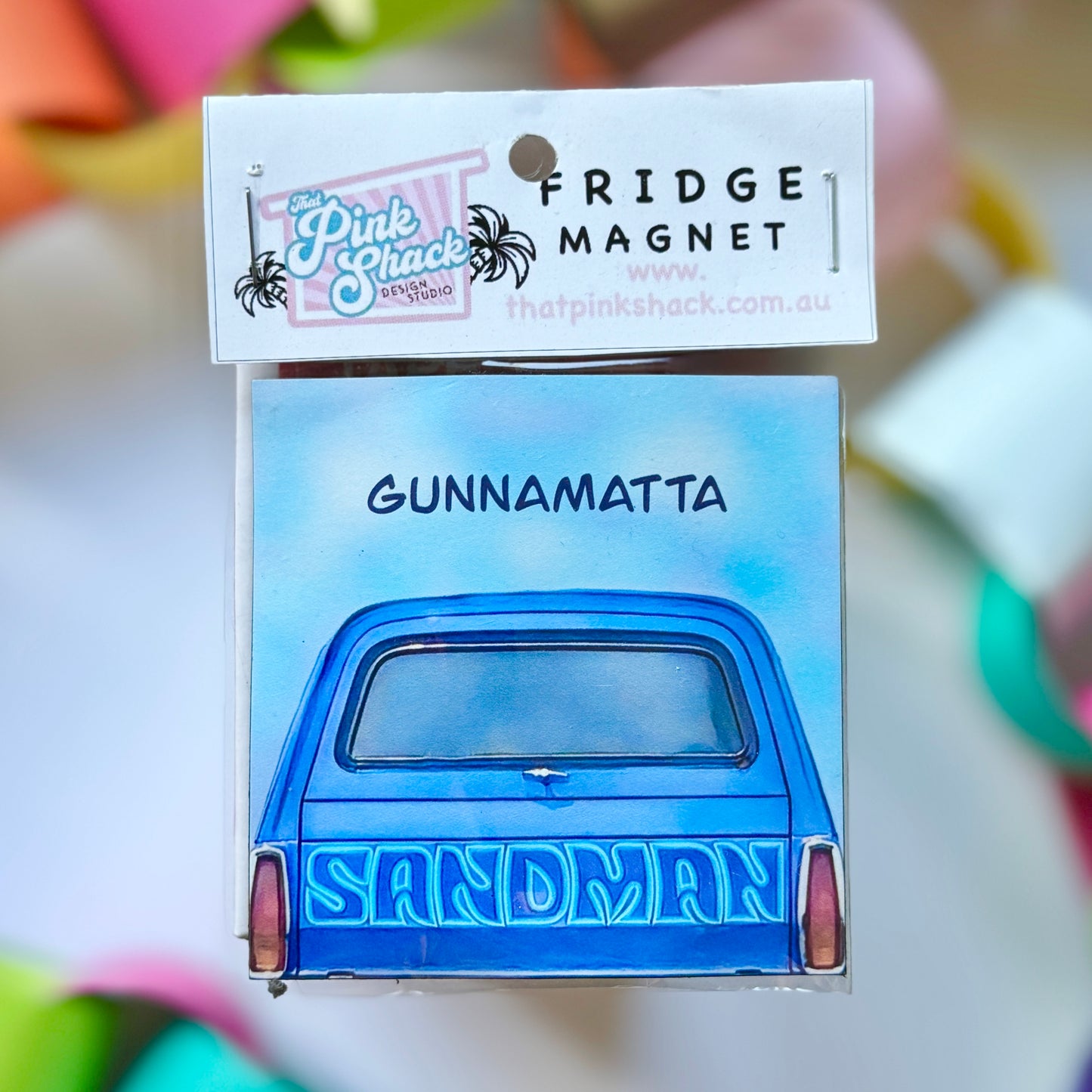 Blue Holden sandman panelvan gunnamatta surf beach fridge magnet in packaging