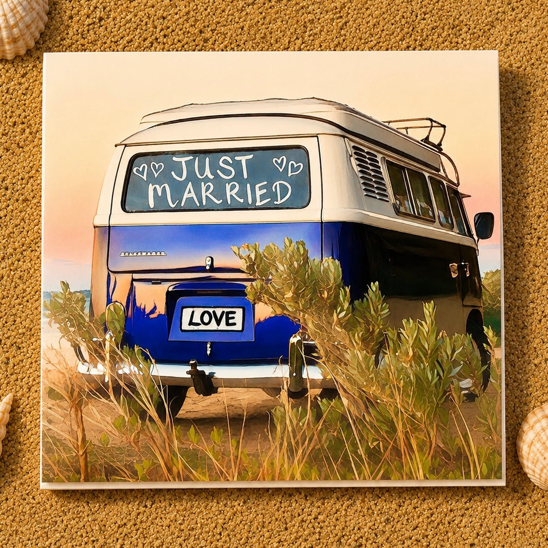 A square greeting card featuring a retro purple and white VW bus with 'JUST MARRIED' on the back window and 'LOVE' on the license plate, displayed on a textured sand surface with decorative seashells at the corners.