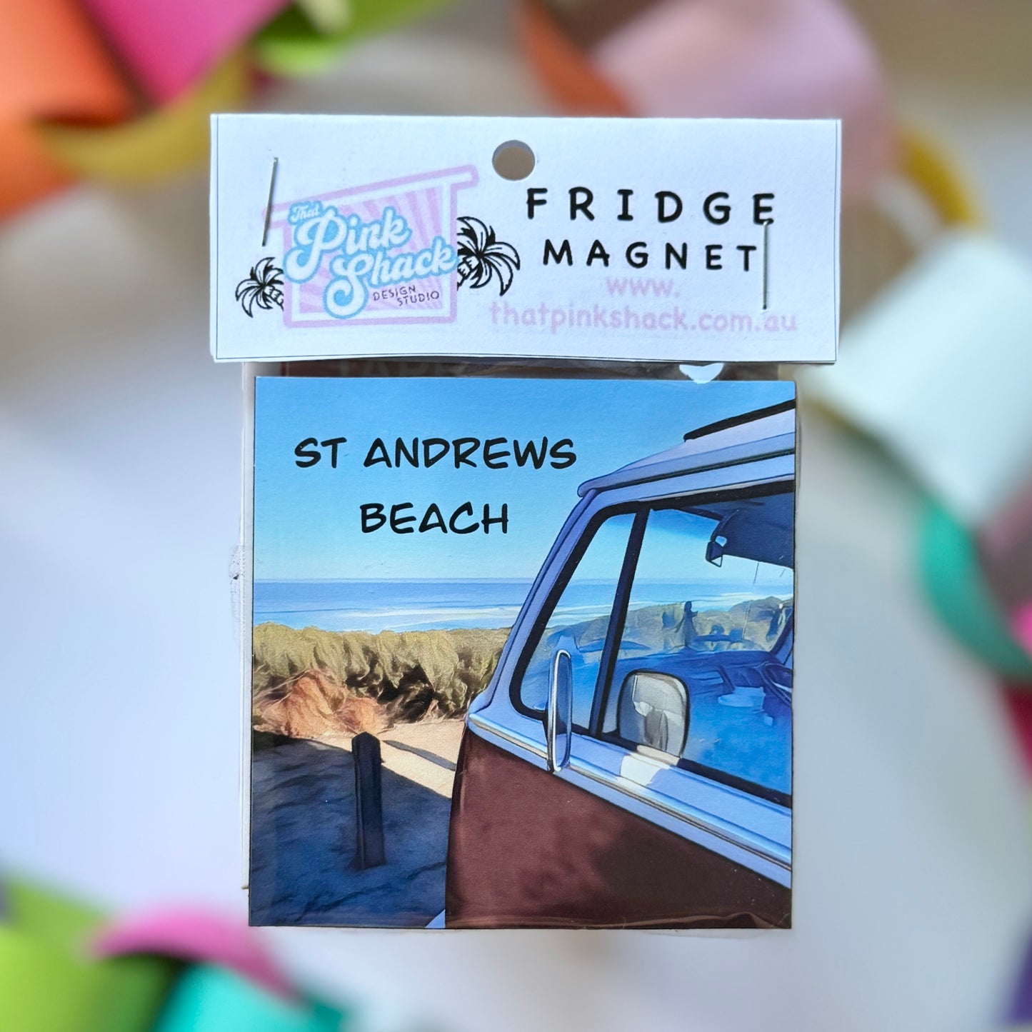 Kombi at St Andrews beach fridge magnet in packaging