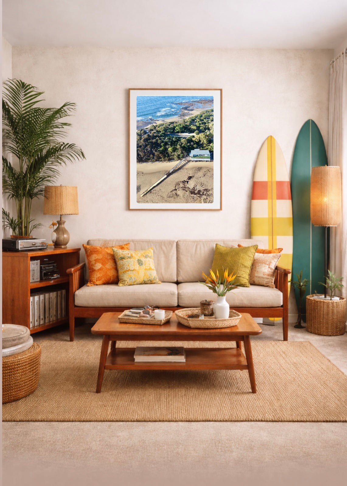 Living room with a couch, coffee table, and surfboard decor amd a framed drone print of Point Leo boat club and surf beach 