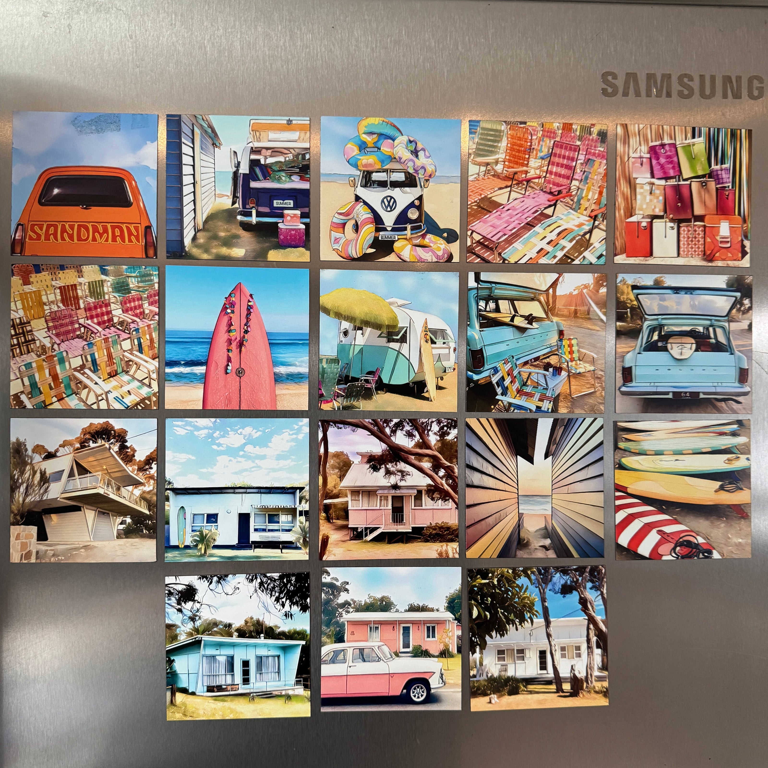 Bulk lot of magnets on silver fridge