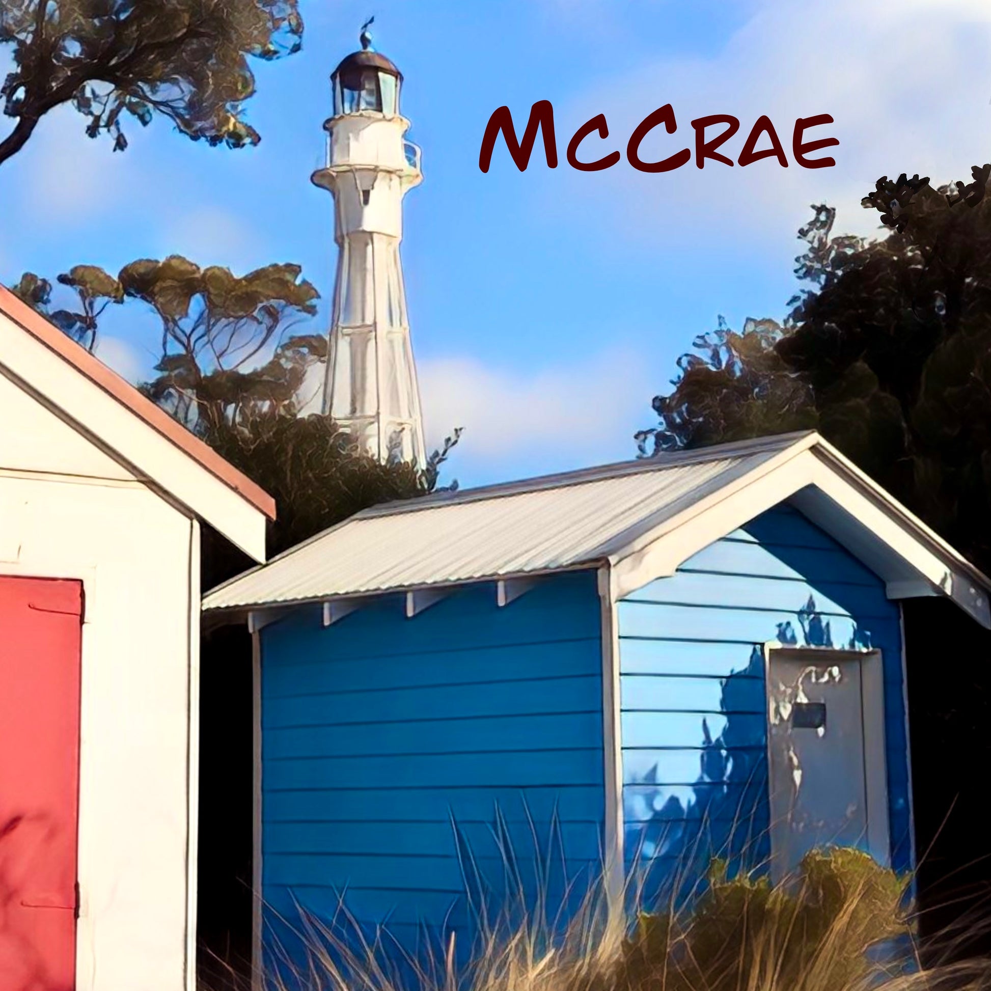 Fridge magnet  with boat shed bathing beach boxes and the lighthouse from the beach in McCrae victoria