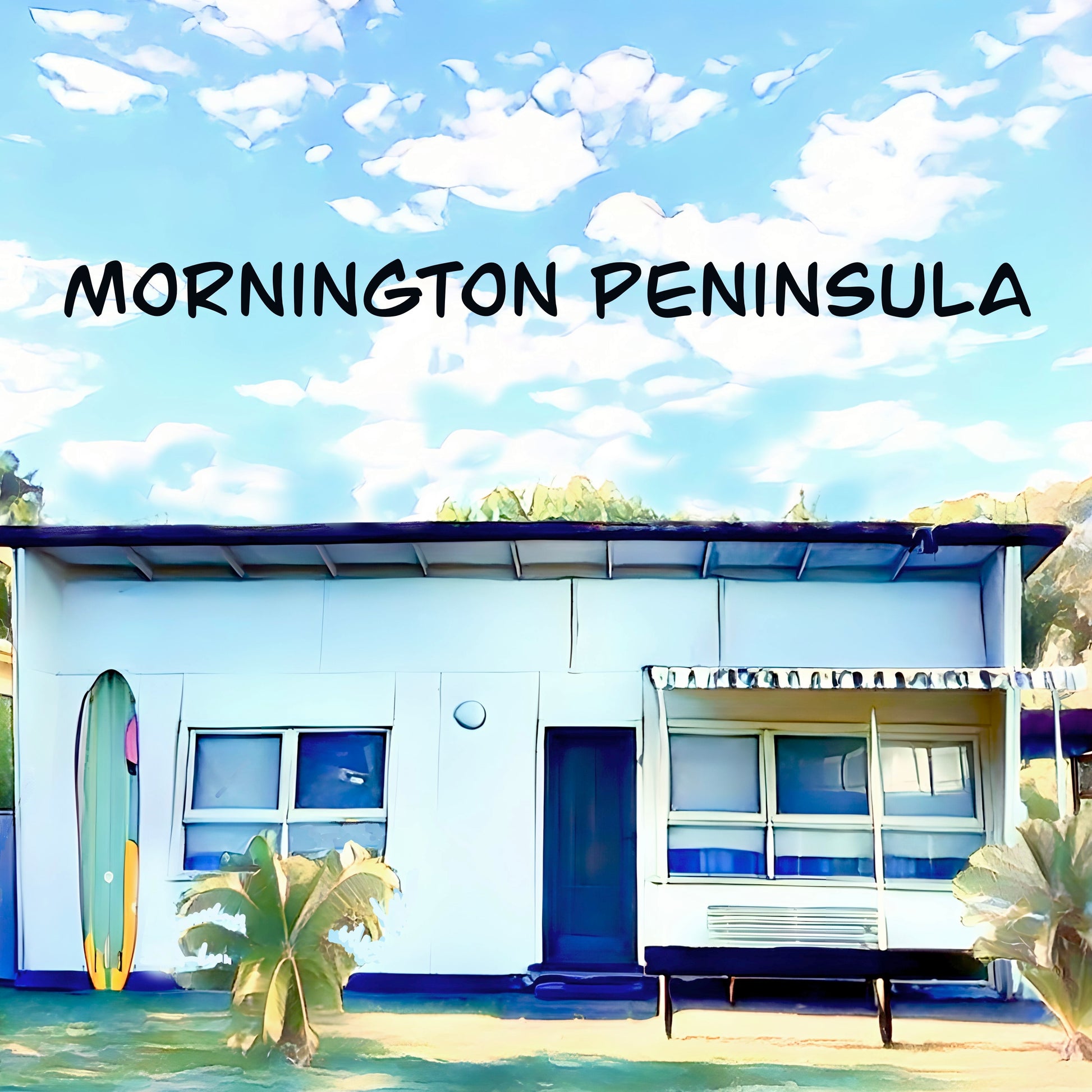 Mornington peninsula beach surf shack with surfboard fridge magnet 