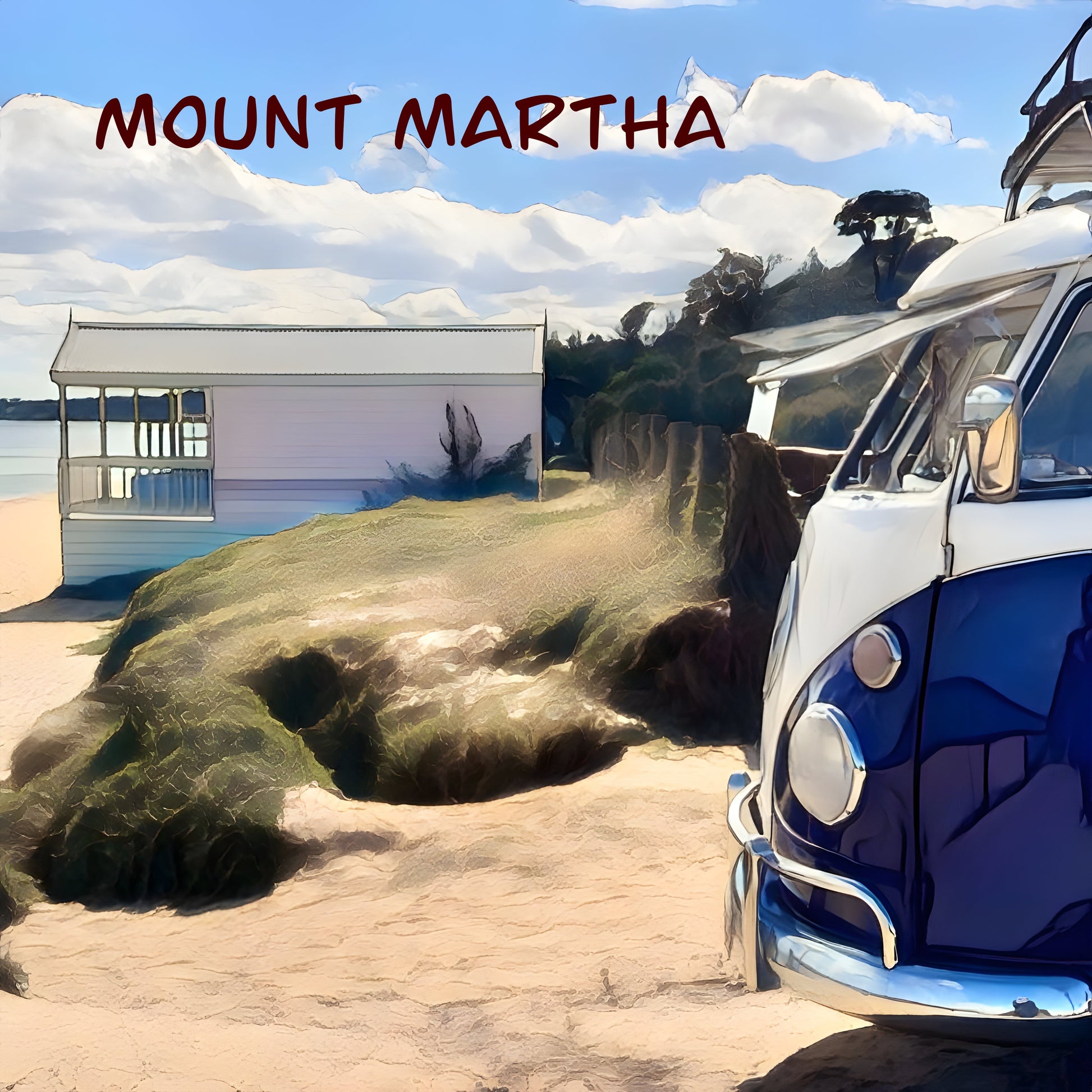 Fridge magnet with the front of a kombi looking out to the beach and a boatshed beach box mount Martha victoria