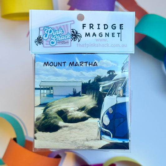 Fridge magnet in packaging  with the front of a kombi looking out to the beach and a boat shed beach box mount Martha victoria