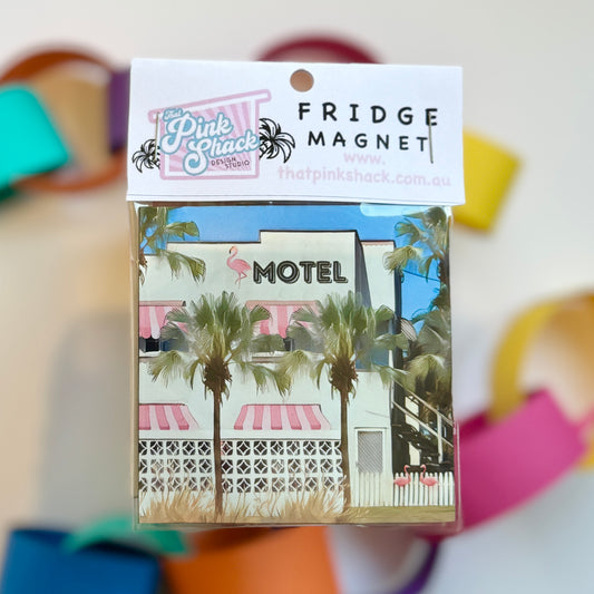 Pink flamingo retro vintage motel fridge magnet in  packaging