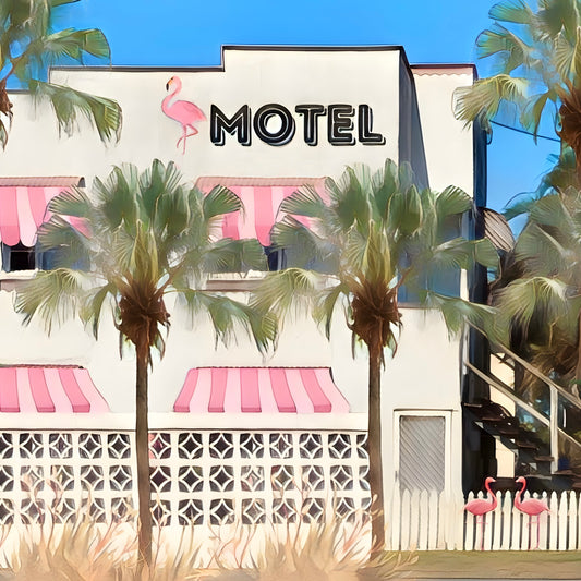 Pink flamingo retro vintage motel with palm trees quality print
