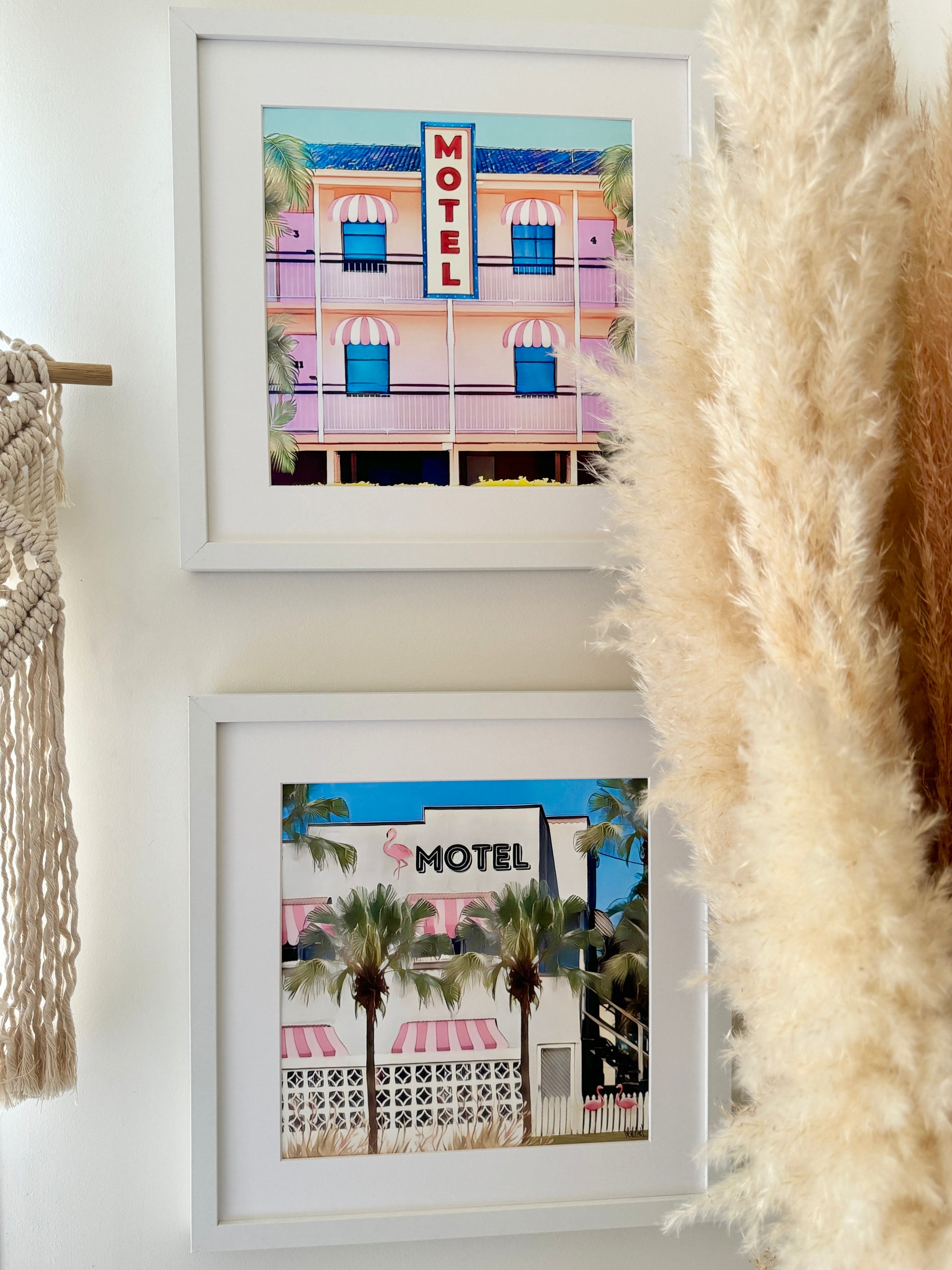 Pink motel and flamingo motel retro vintage  framed prints