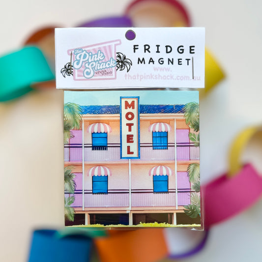 retro pink motel fridge magnet in packaging
