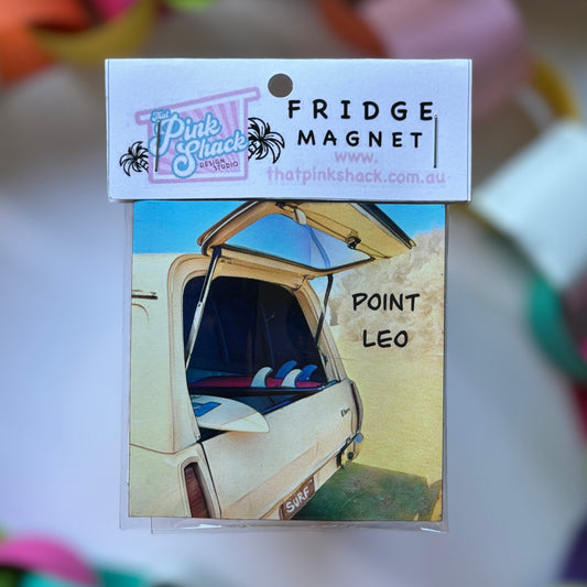 A Point Leo beach Mornington peninsula panelvan with surfboards  fridge magnet in packaging