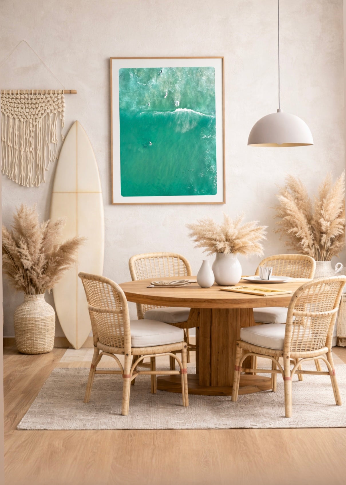 Beach Dining room with wooden table and chairs, surfboard, and  framed print of surfers from high in the air
