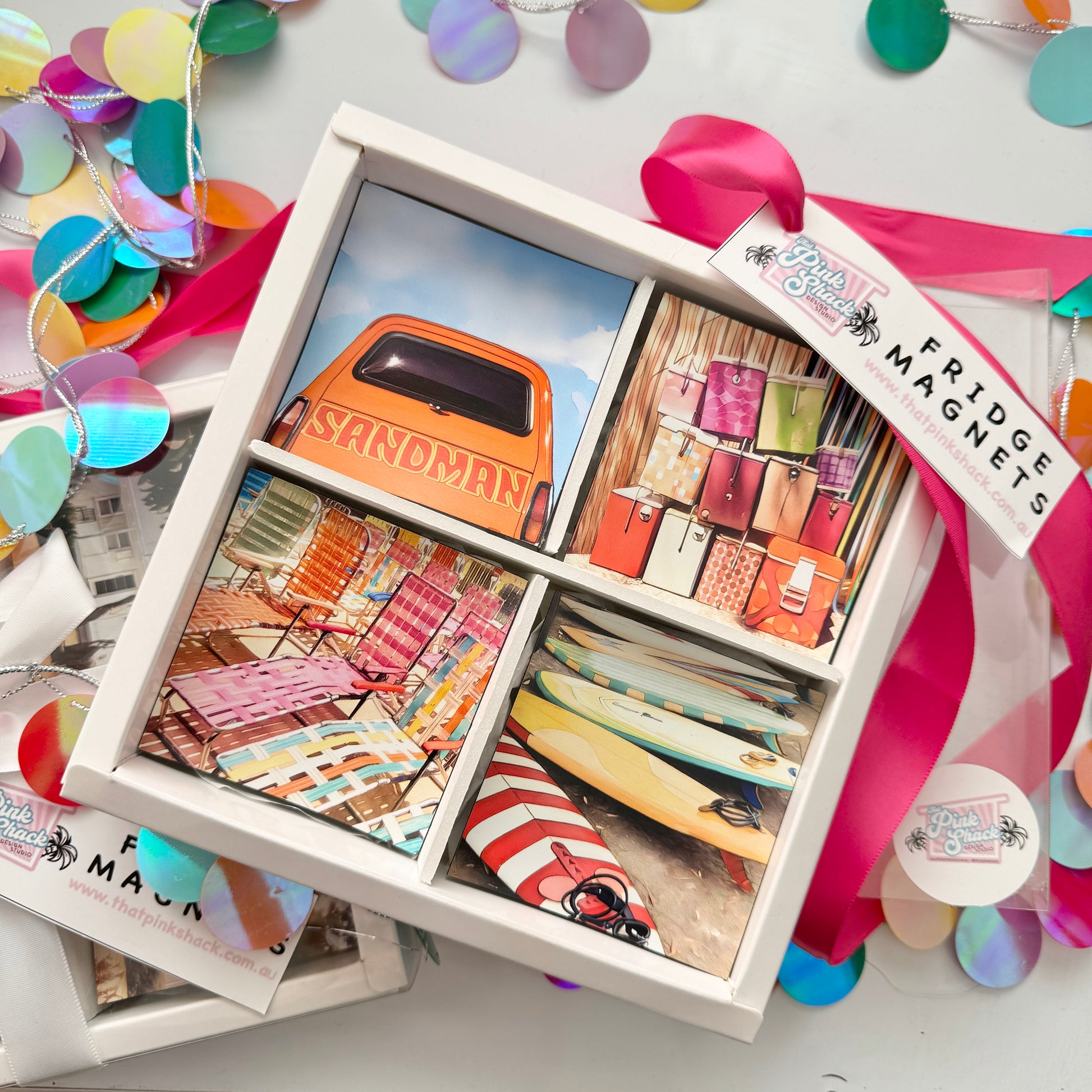 A gift box containing 4 retro fridge magnets designs featuring  orange Holden sandman , vintage eskies , vintage camp chairs and vintage surfboards