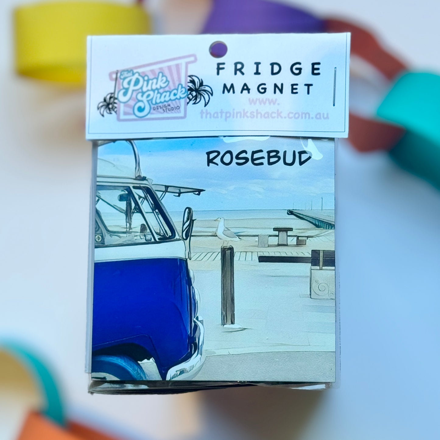 fridge magnet with a kombi overlooking the beach and pier at rosebud victoria