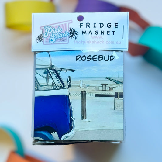 fridge magnet with a kombi overlooking the beach and pier at rosebud victoria