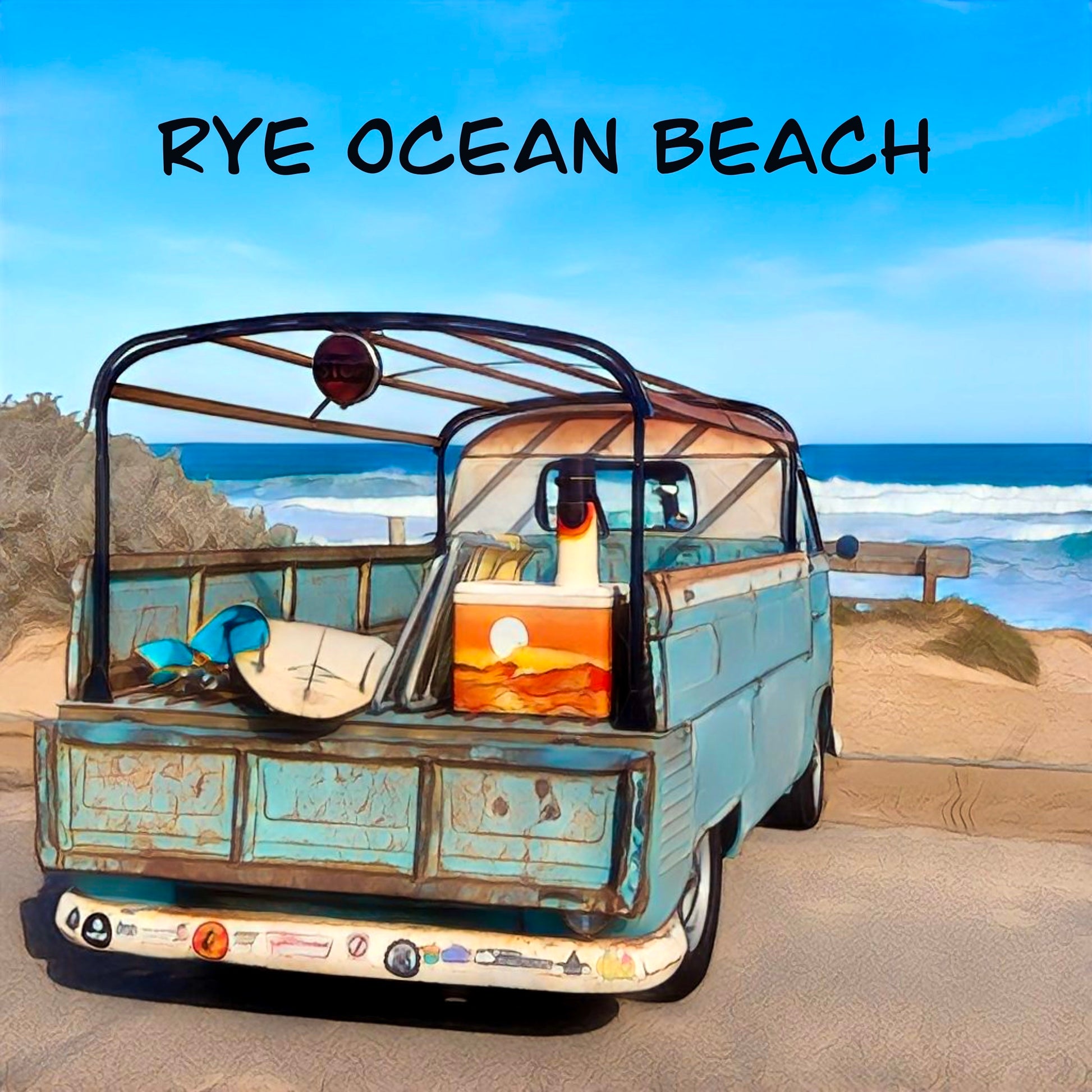 A fridge magnet with a classic Kombi Ute parked overlooking the surf at rye ocean beach 